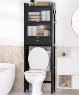 Cozivolife Over The Toilet Storage Cabinet with Drawer and Flip Door, Bamboo Bathroom Organizer Shelf with Anti-Tip Design and Waterproof Feet Pad,Freestanding Rack Above WC Space Saver (Black) Cozivolife