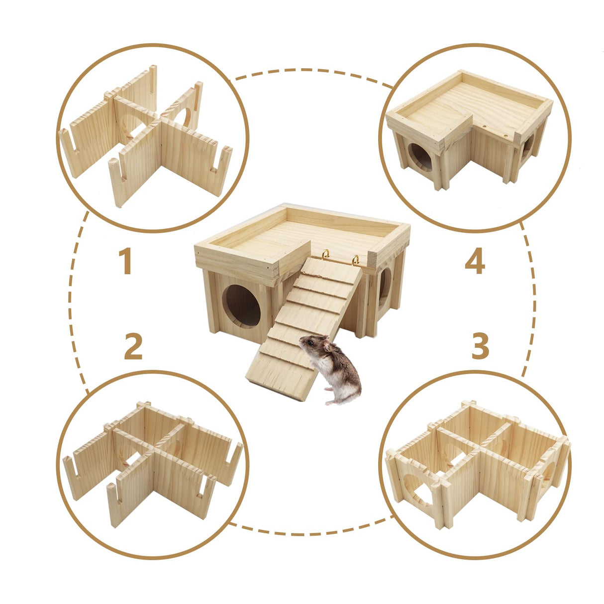 Acsist Wooden Hamster Hideout Hamster Wood House with Ladder Habitats Decor Detachable Small Animals Cage Accessories for Rat Gerbils and Other Small Pets Acsist
