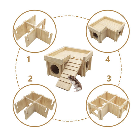 Acsist Wooden Hamster Hideout Hamster Wood House with Ladder Habitats Decor Detachable Small Animals Cage Accessories for Rat Gerbils and Other Small Pets Acsist