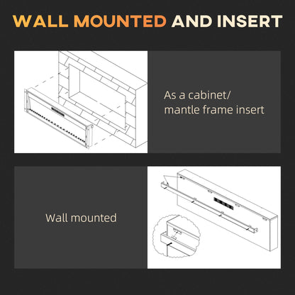 HOMCOM 60" Electric Fireplace Recessed and Wall Mounted with Remote Control, 1500W Fireplace Heater with 8H Timer, Adjustable Flame Color and Brightness, Log and Crystal