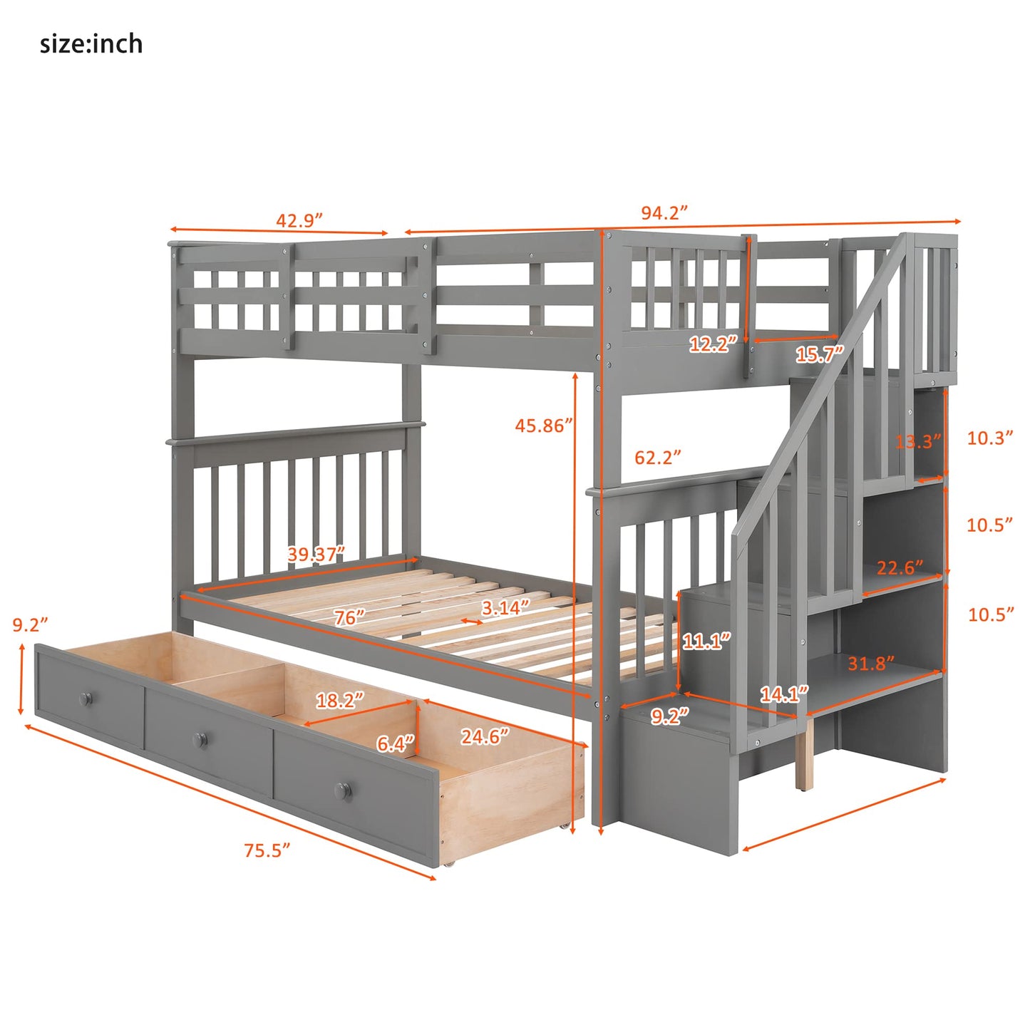 Harper & Bright Designs Twin Over Twin Bunk Bed with Stairs & Guard Rail,Twin Size Bunk Bed with Storage Drawers,Wood Bunk Bed Frame for Bedroom, Dorm, Kids, Teens, Adults (Twin, Gray)