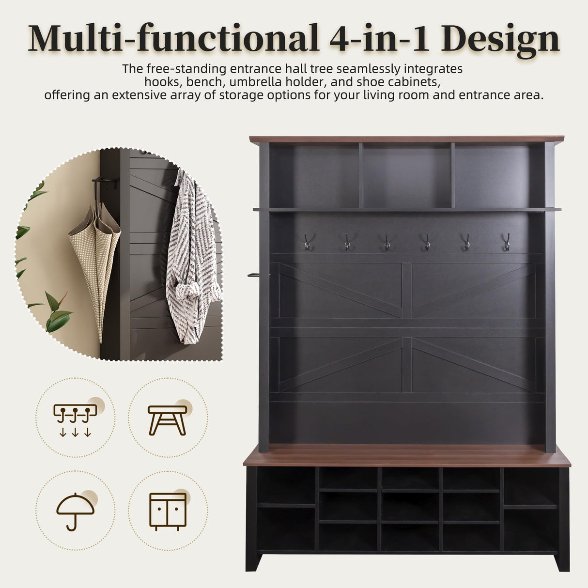 Merax Wood Rustic Hall Tree Entryway Bench with 6 Hooks and Adjustable Shelves, Farmhouse Mudroom Versatile Coat Racks with 16 Open Compartments, Entrance Organizer for Hallway Black Merax