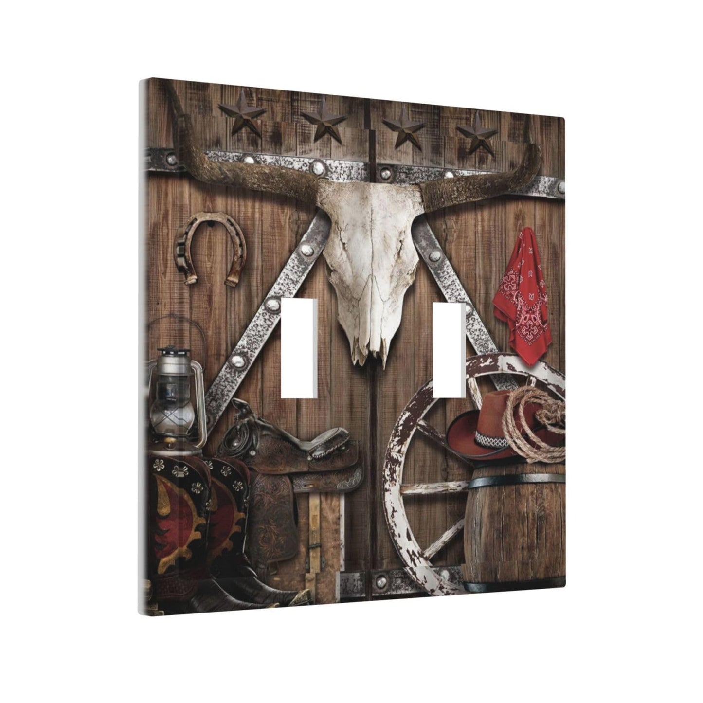 Xuejiaku Western Wooden Garage Barn Door Bullhead Double Toggle Light Switch Covers 2 Gang Wall Plate Dual Decorative Switchplate Electrical Faceplate for Farmhouse Country Bedroom Decor - WoodArtSupply