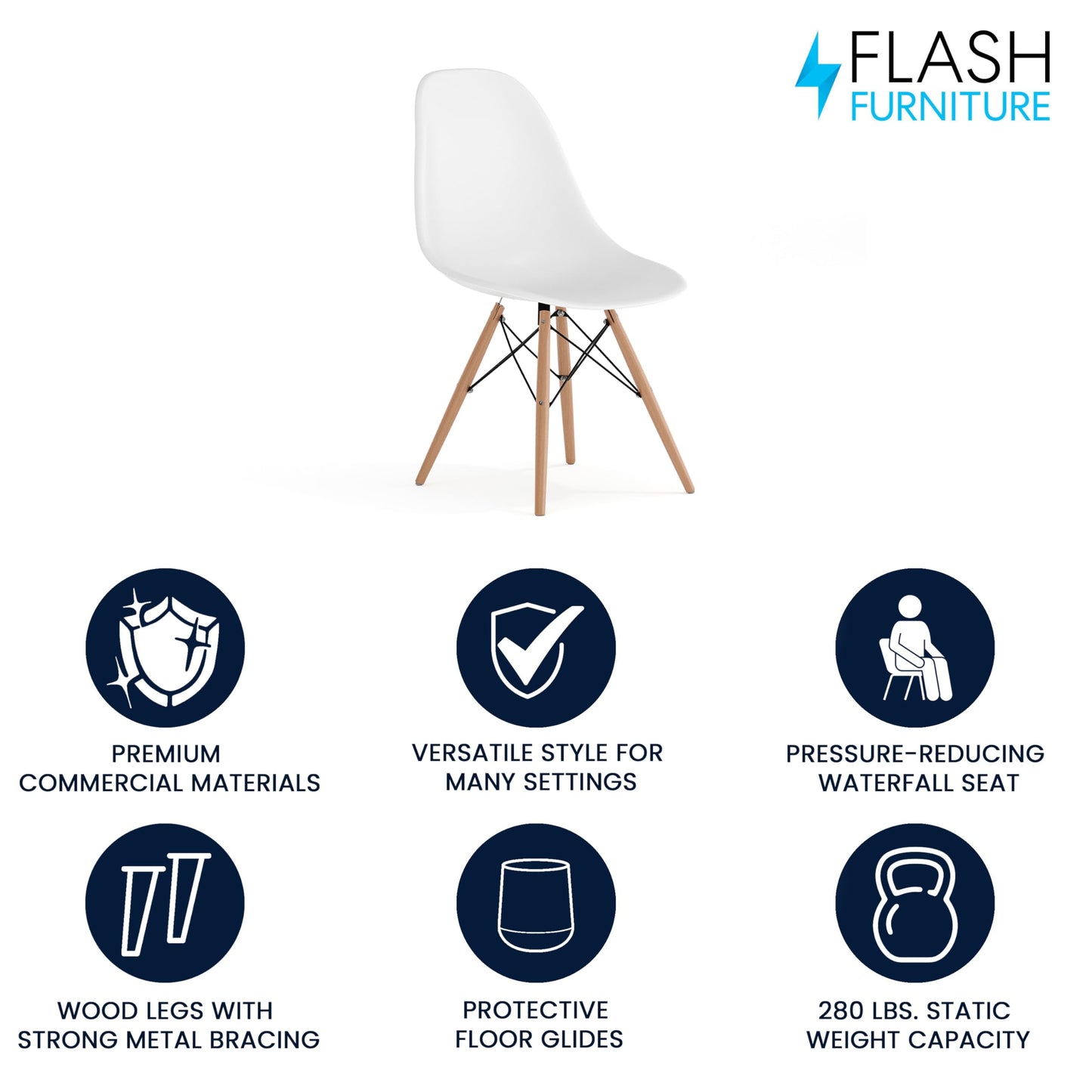 Flash Furniture Elon Series White Plastic Chair with Wooden Legs for Versatile Kitchen, Dining Room, Living Room, Library or Desk Use - WoodArtSupply