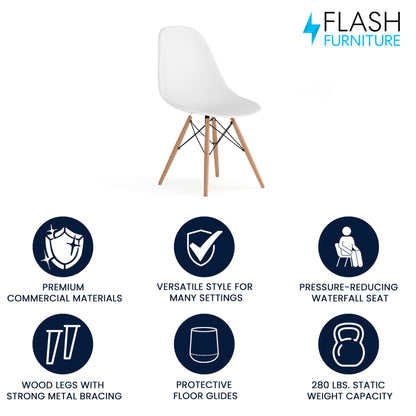 Flash Furniture Elon Series White Plastic Chair with Wooden Legs for Versatile Kitchen, Dining Room, Living Room, Library or Desk Use - WoodArtSupply