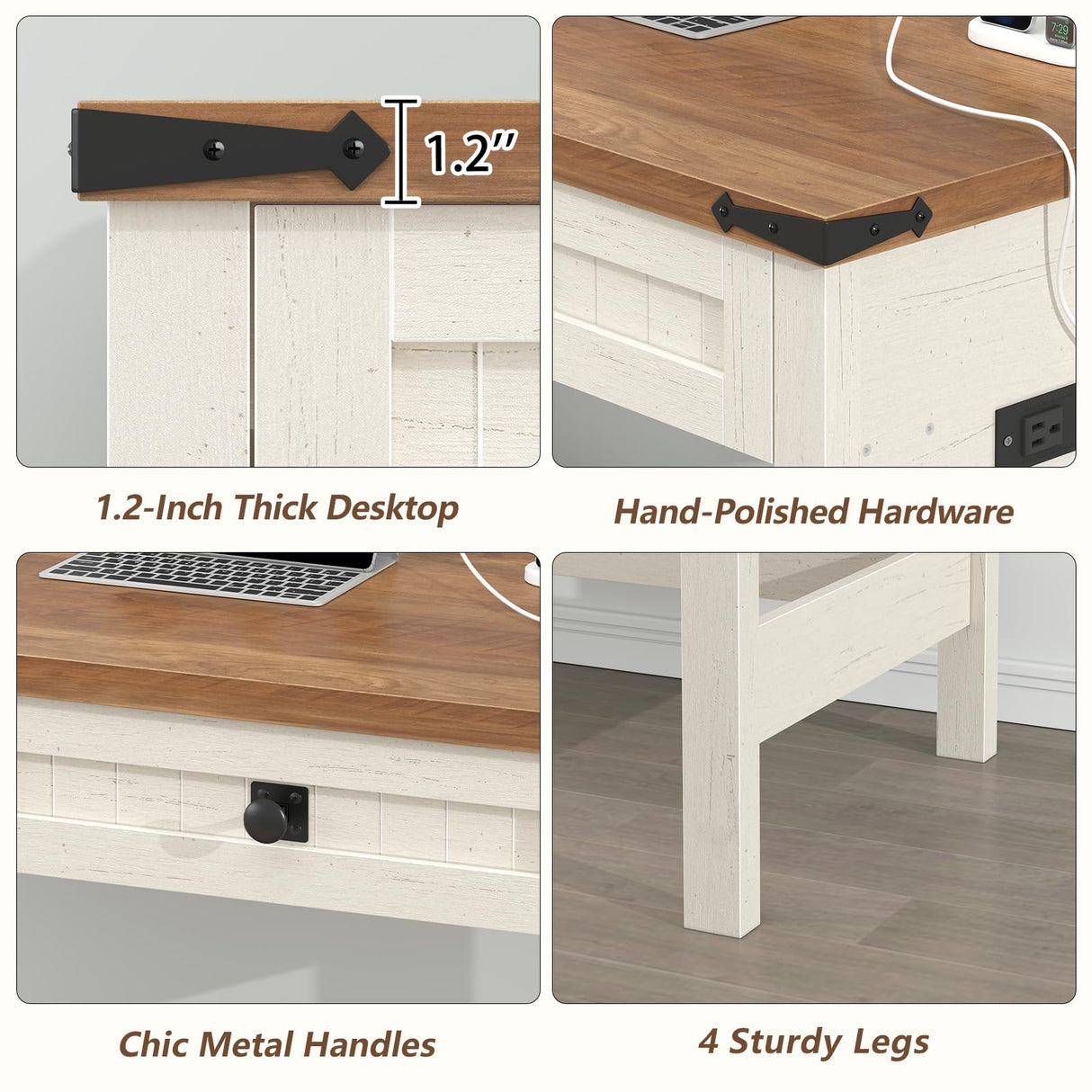 YOMILUVE Farmhouse Computer Desk with 2 Drawers, 39 Inch Small Office Computer Desk with Power Outlets, Compact Writing Study Desk for Small Spaces, Antique White YOMILUVE