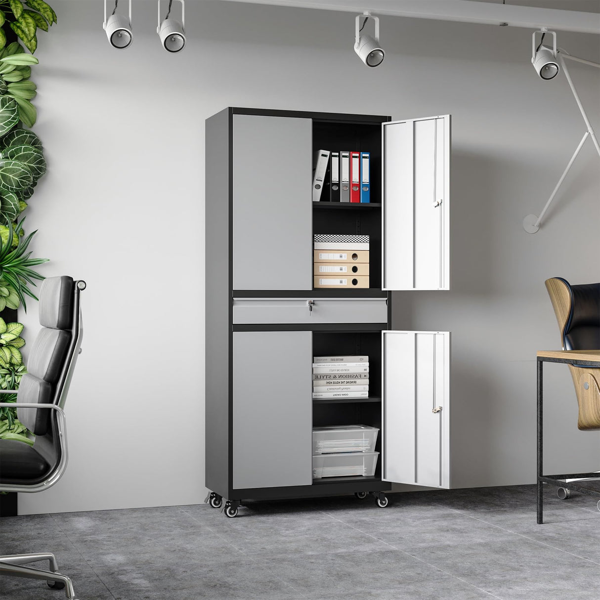 BYNSOE Metal Storage Cabinet with Wheels Metal Garage Cabinet with Adjustable Shelves Tool Storage Cabinet with 1drawer Steel Locker Cabinet with Lock for Home Garage(Black Gray-73 4 casters) BYNSOE