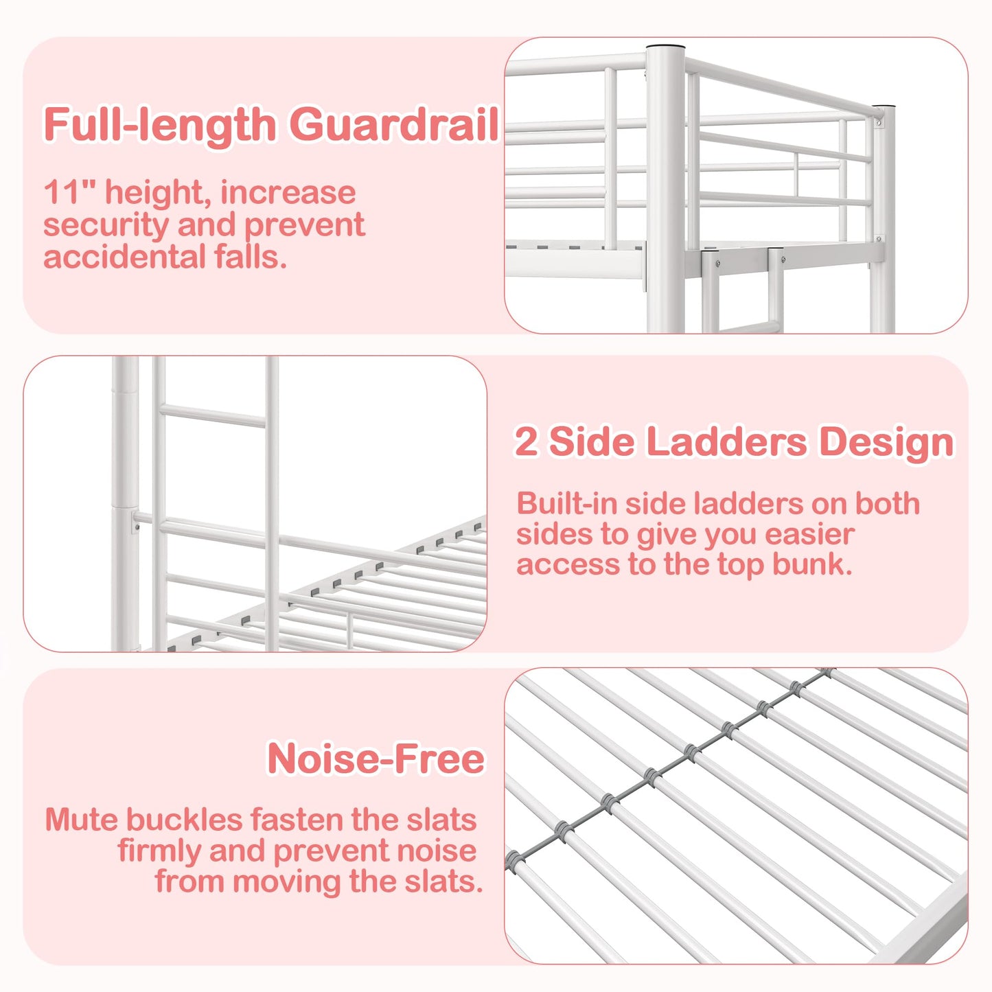 VECELO Bunk Bed Twin Over Twin, Metal Bunkbeds with Ladder and Full-Length Guardrail, No Box Spring Needed, Space Saving, Noise Free, White