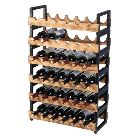 MyGift 6-Tier Freestanding Wine Bottle Rack with Burnt Solid Wood Shelf and Industrial Matte Black Metal Frame, Large Horizontal Wine Bar Storage Stand for 36 Bottles MyGift