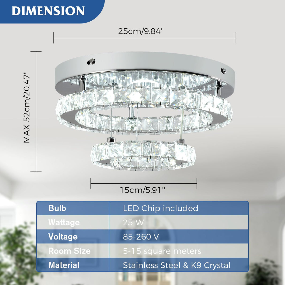 RHEAFON 9.8 Inch Mini Chandelier Light Fixture Round LED Crystal Ceiling Light Flush Mount Crystal Chandeliers for Bedroom Kitchen Foyer Closet Hallway Light, 6500K Cool White RHEAFON