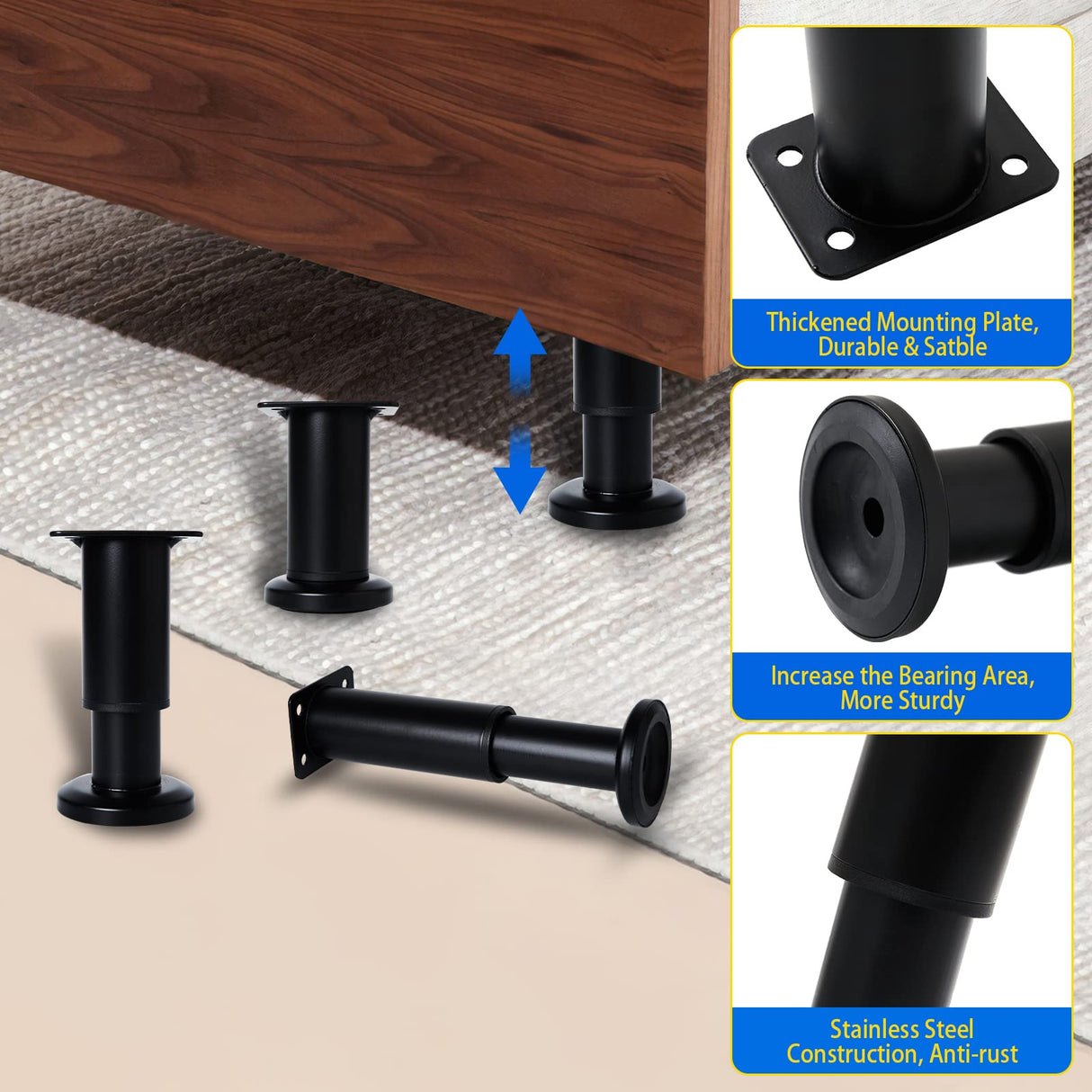 Olldag 4 Pcs Adjustable Height Furniture Support Legs [with Screws] 3.15-4.72 inch, Metal Heavy Duty Furniture Replacement Legs for Chair/Bed/Sofa/Cabinet/Couch/Dresser/Bed/Table (Black) Olldag