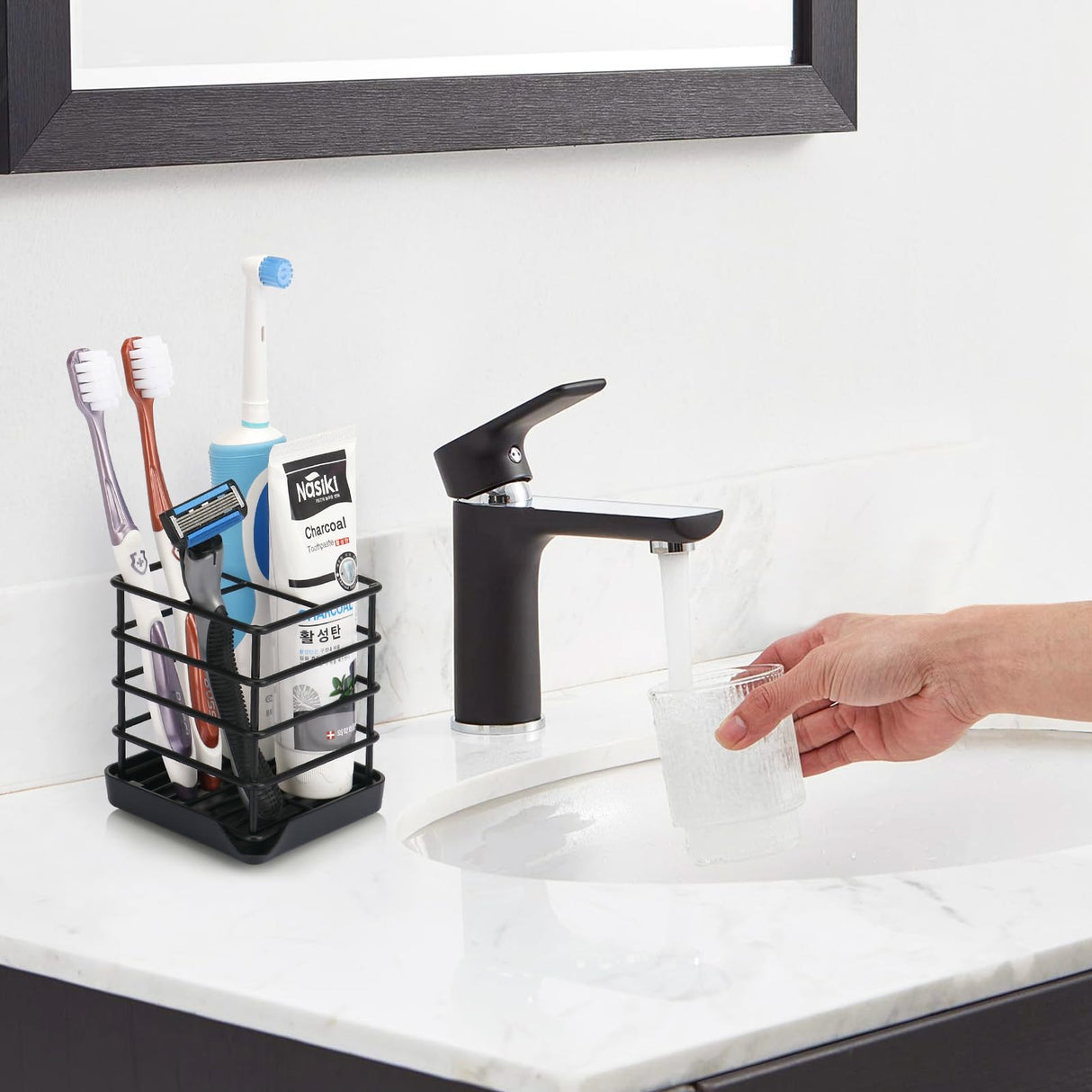 Toothbrush Holders for Bathrooms, Stainless Steel Bathroom Toothbrush Holder Kids Electric Tooth Brushing Holder Stand and Toothpaste Holder for Bathroom Accessories Organizer with Tray, Black (Small) Chintu