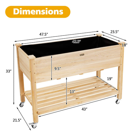 Giantex Raised Garden Bed on Wheels, Wood Planter Box with Legs, Liner, Drain Holes, Elevated Garden Bed for Vegetables, Standing Garden Container for Backyard, Patio, 47.5" LX 23.5" WX 33" H Giantex