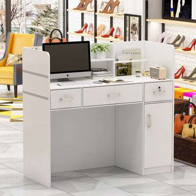 Homsee Modern Reception Desk with 3 Drawers, 1 Door Storage Cabinet & Hutch Shelf, Office Wooden Computer Desk, Writing Study Table PC Laptop Desk, White (47.3" L x 18.3" W x 43.3" H)