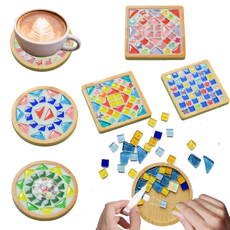 KDBDSYZB 6 Sets DlY Mosaic Tiles for Crafts,Mixed Color Glass Mosaic Kits with Wooden Coaster for Adults,DlY Coasters Kit Mosaic Supplies for Handmade Home Decoration Gift (Square and Round) KDBDSYZB