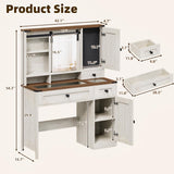 EROMMY 42" Farmhouse Makeup Vanity Desk with Lighted Mirror & Power Strips, Vanity Table with Sliding Barn Door, Open & Hidden Shelves, Drawers, Jewelry Cabinet, White Dressing Table, Light Adjustable EROMMY