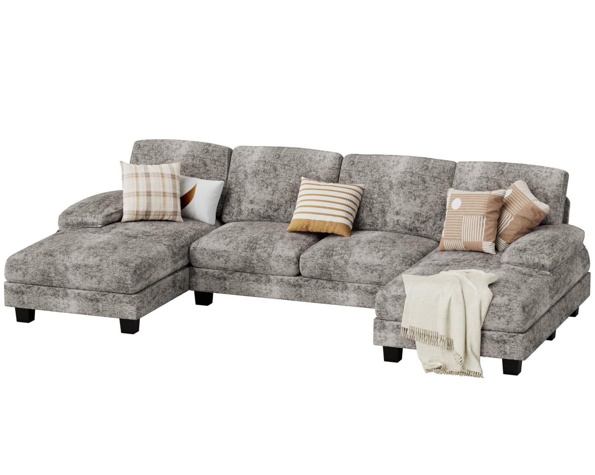 JUMMICO Sectional Couches for Living Room, U Shaped Couch with Chenille Fabric, 4 Seat Modern Sofa with Removable Pillows for Apartment and Small Space (Fabric, Grey) JUMMICO