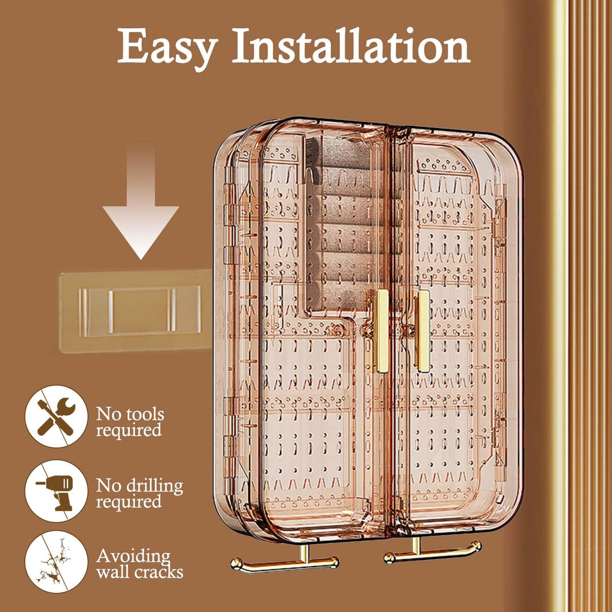 Qryval Wall Mounted Jewelry Organizer, No Punching Installation, Hanging Jewelry Organizer Box and Storage Case, Necklace Earring Holder Organizer Wall for Women Teen Girls (Mocha Brown) Qryval