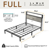 Full Size Bed Frame with Headboard, Metal Platform Bed Frame with LED Lights & Charging Station, Under Bed Storage, Solid and Stable, No Box Spring Needed, Noise Free, Easy Assembly, Rustic Grey RVONOW