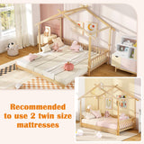 KOMFOTT Wood Extendable House Bed, Twin to King House Daybed with Safety Rails & Decorable Roof, Montessori Daybed, No Box Spring Needed, Roof-Shaped Floor Daybed for Kids, Teens (Natural) KOMFOTT