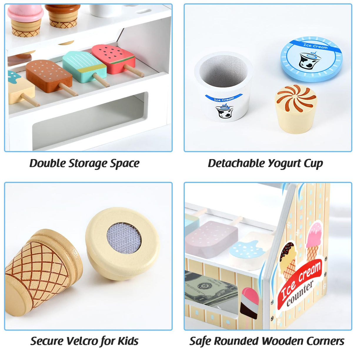 WHOHOLL Wooden Ice Cream Counter Playset for Toddler Girl Toys, Play Store Pretend Toy Food Play Kitchen Accessories with Fake Money & Coin, Gifts for 3-8 Year Old Kids WHOHOLL