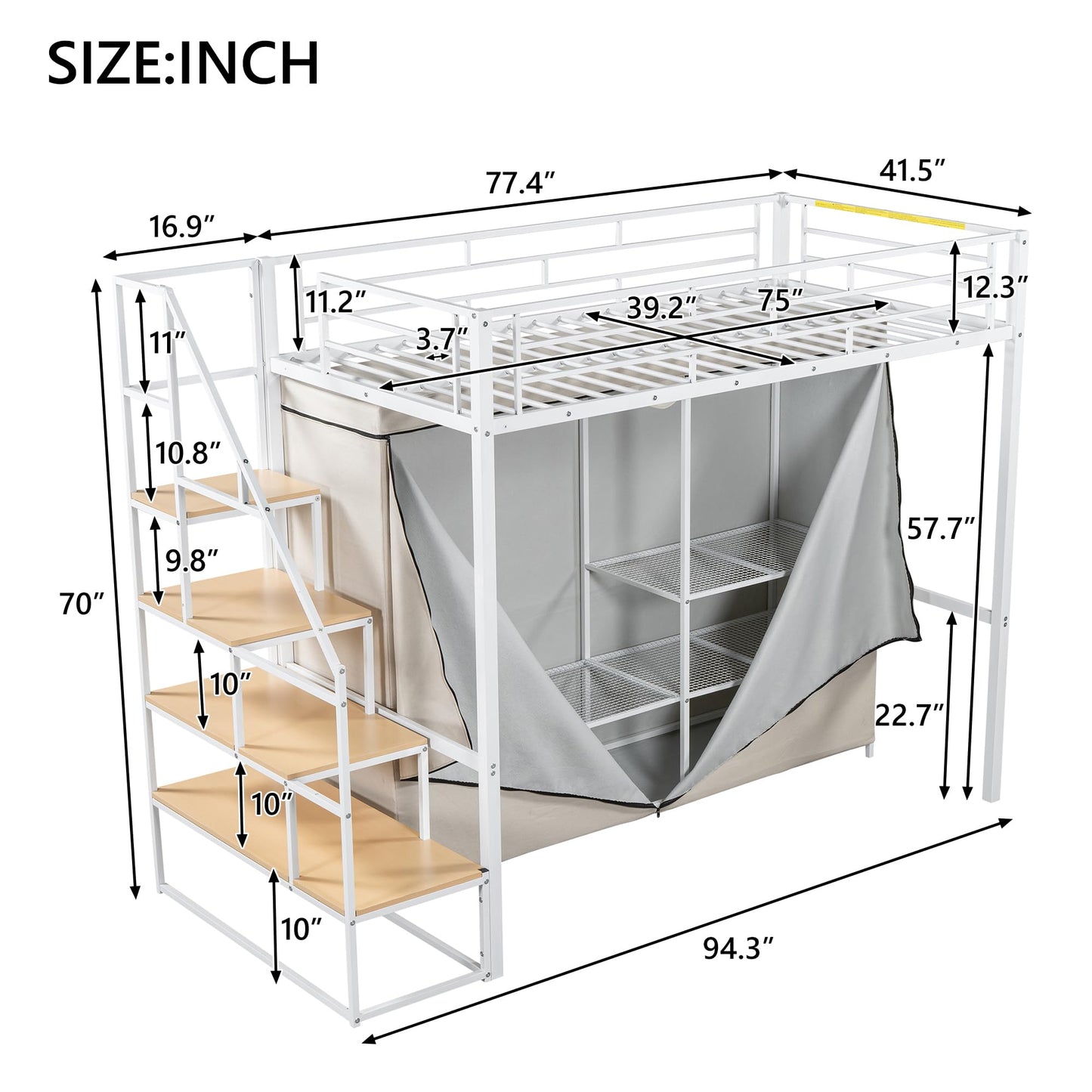 Twin Size Loft Bed with Stairs and Storage Shelves, Heavy Duty Loft Bed with Wardrobe and Removable Dust Cover, Twin Loft Bed with Full Length Guardrail, White Loft Bed Twin Size