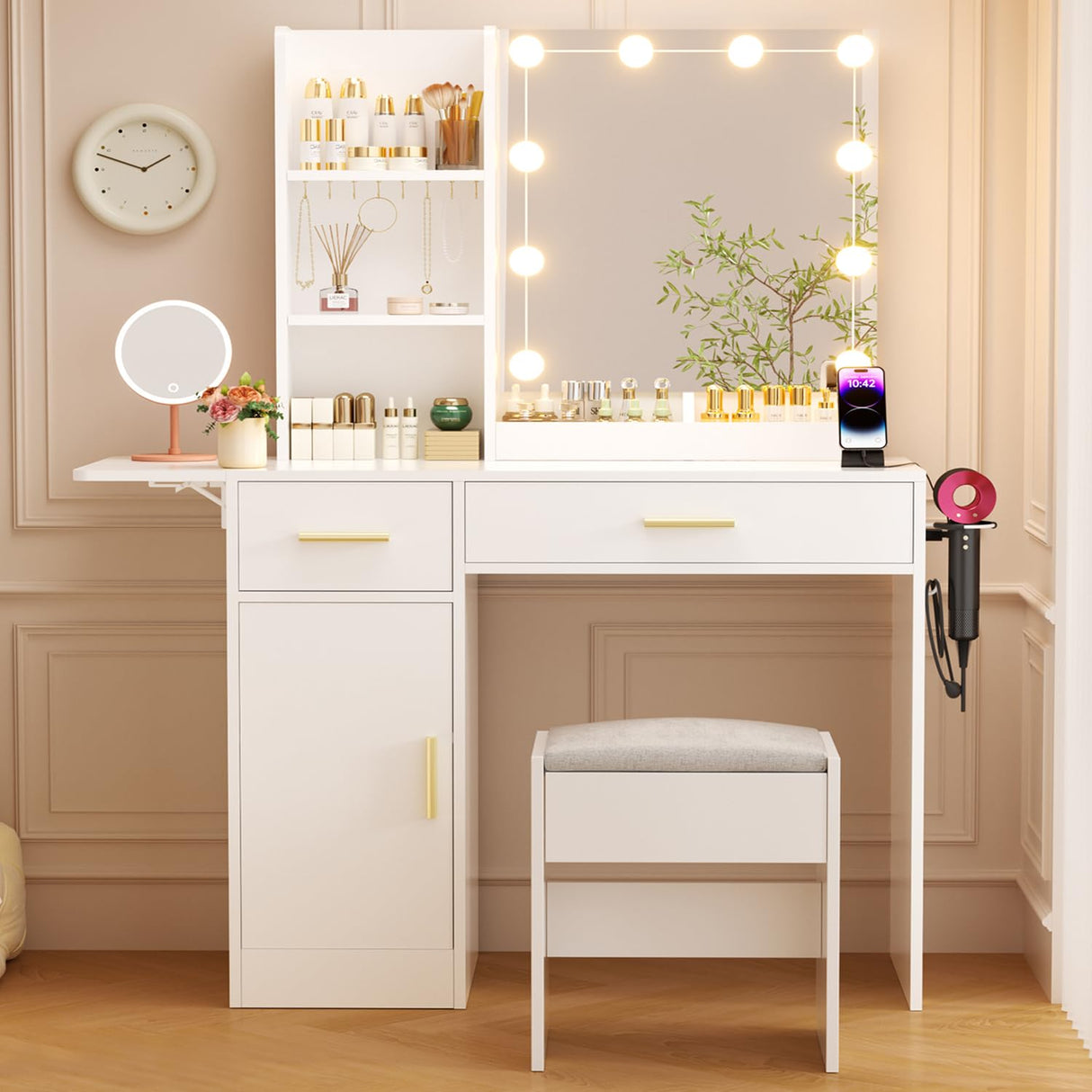ERLEJIA Vanity Desk with Mirror and Lights & Extral Foldable Desk, 35.43"-43.3" Makeup Vanity Table with Stool and Plug Strip, 5 Drawers and and Open Shelves Dressing Table for Bedroom, White ERLEJIA