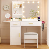 ERLEJIA Vanity Desk with Mirror and Lights & Extral Foldable Desk, 35.43"-43.3" Makeup Vanity Table with Stool and Plug Strip, 5 Drawers and and Open Shelves Dressing Table for Bedroom, White ERLEJIA