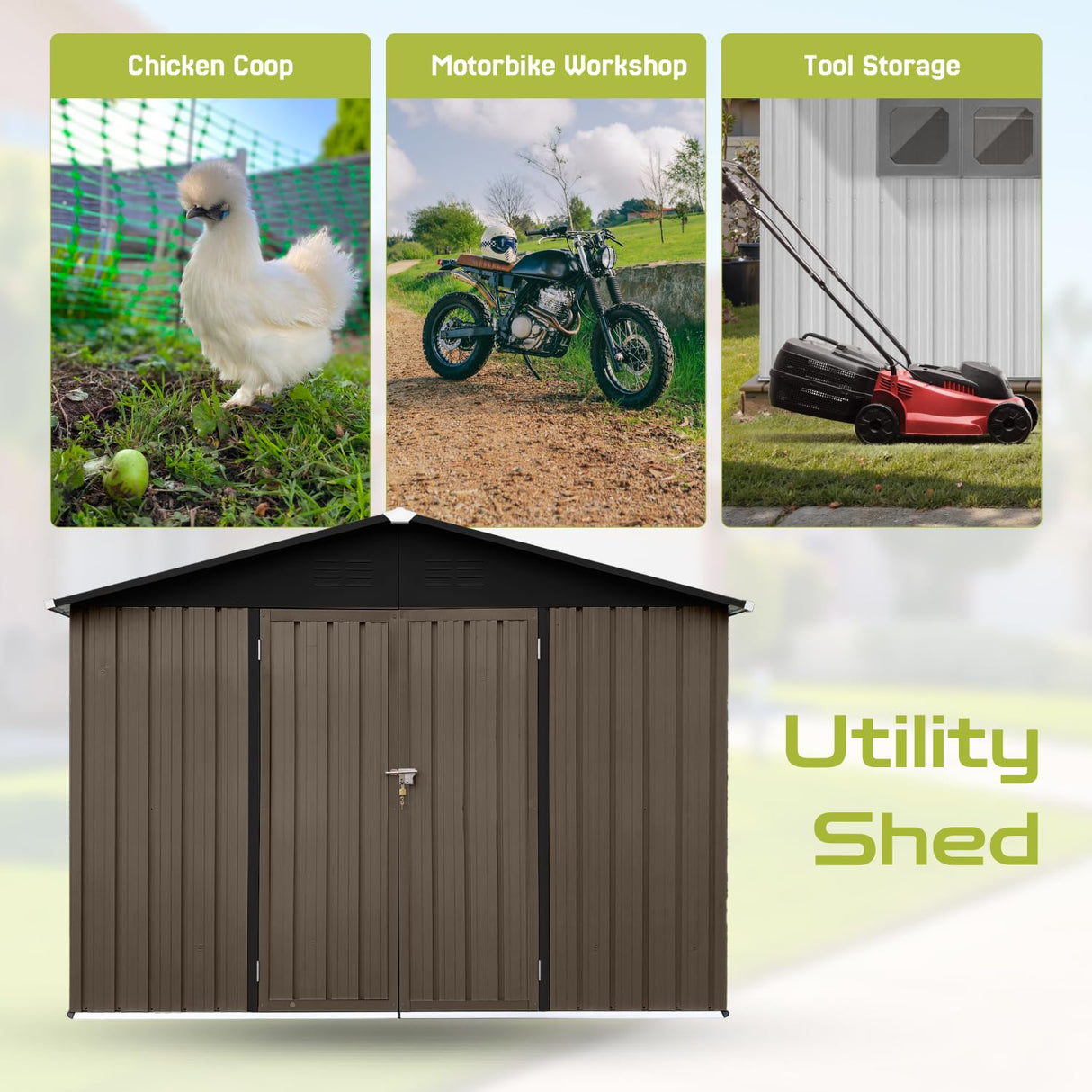 8' x 6' Outdoor Storage Shed, Sturdy Metal Building w/Lockable Doors for Garden, Backyard, Poolside and Lawn, Brown LINKHOO
