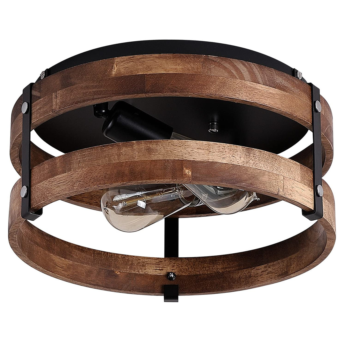 2-Light Rustic Flush Mount Light Fixture Oak Wood Round Drum Semi Flush Mount Ceiling Light for Hallway Bedroom Kitchen Entryway Farmhouse, Black Fivess Lighting