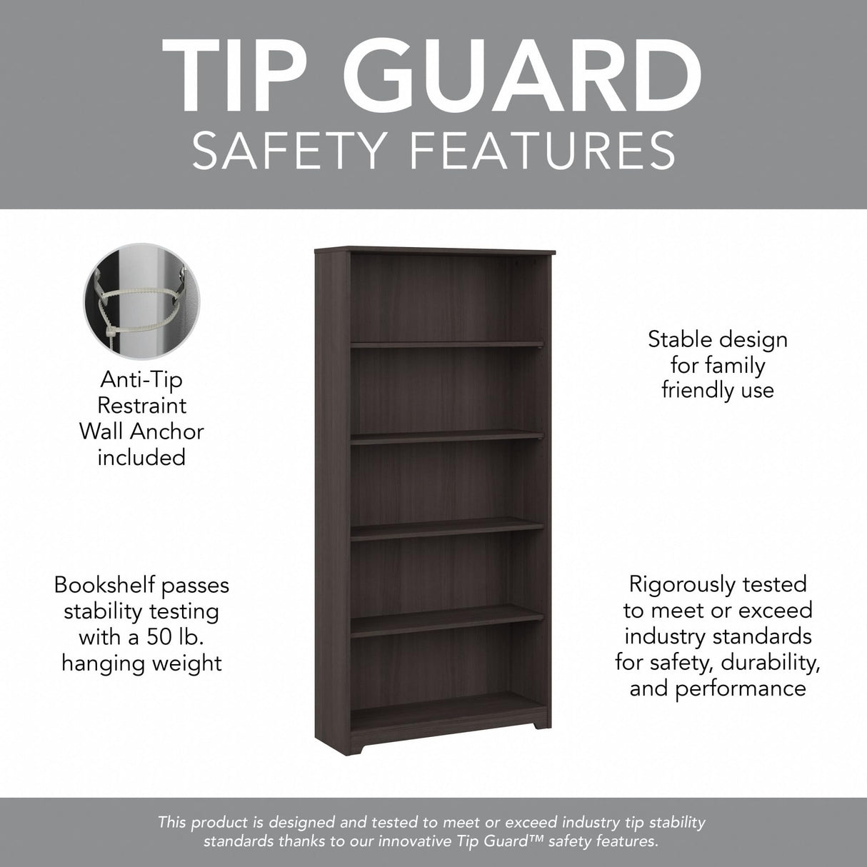 Bush Furniture Cabot Tall 5 Shelf Bookcase | Large Open Bookshelf in Heather Gray | Sturdy Display Cabinet for Library, Living Room, and Home Office Bush Furniture