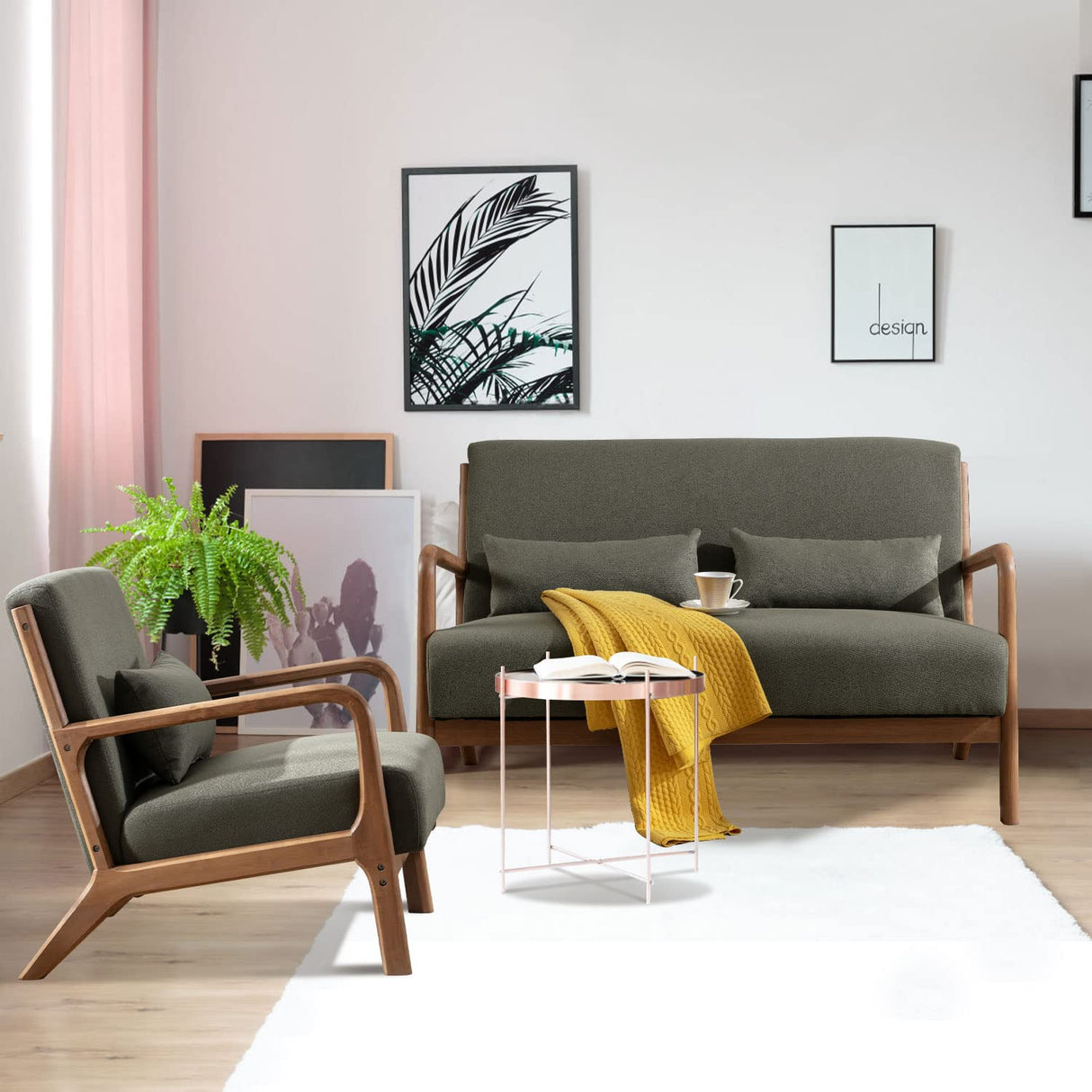 INZOY 50" Love seat Sofa 2 Seat Mid Century Modern Accent Chair, Uplostered 2 Person Couch Loveseat for Small Place Bedroom Office, Wood Frame and Attached 2 Waist Cushions, Green INZOY