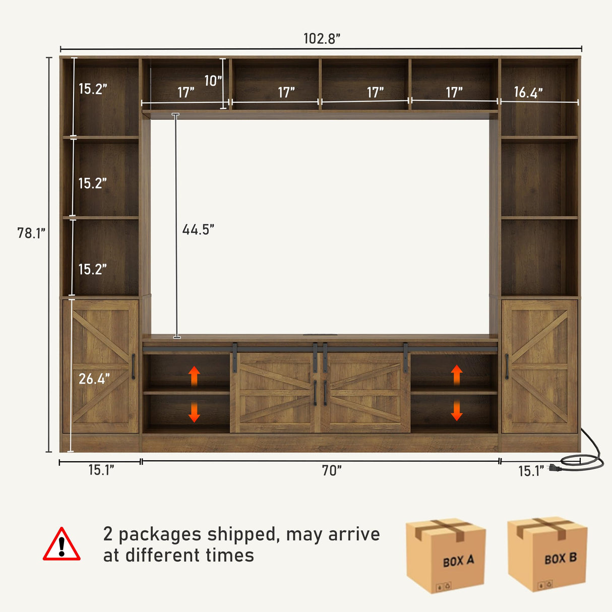 chartustriable 103" Wall Unit TV Stand with Storage for TVs up to 80" Large Farmhouse Wall Unit Entertainment Center w/Sliding Barn Door Cabinets and Power Outlet for Living Room, Rustic Brown chartustriable