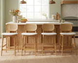 Shunzhi Rattan Counter Height Bar Stools Set of 4 Wood Farmhouse Barstools with Cane Back Boho Sherpa Kitchen Island Chairs Upholstered Bar Chairs for Pub/Home Bar, 26Inch, Cream Shunzhi