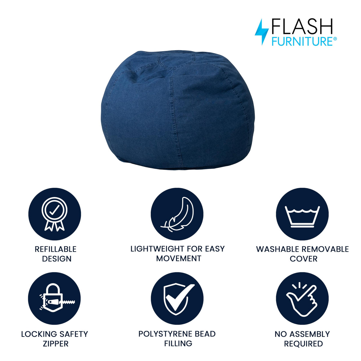 Flash Furniture Dillon Small Bean Bag Chair for Kids and Teens, Foam-Filled Beanbag Chair with Machine Washable Cover, Denim Flash Furniture