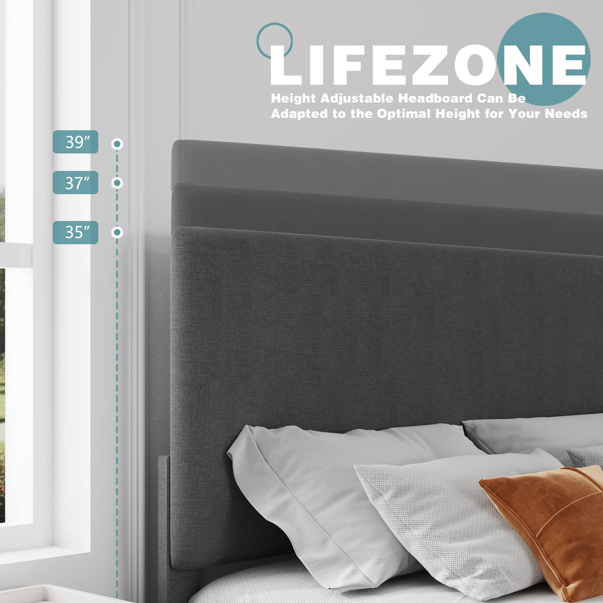 Lifezone Queen Bed Frame with Headboard,Linen Upholstered Bed Frame with Wood Slats Support,No Box Spring Needed,Heavy Duty Feet,Easy Assembly,Light Grey Lifezone