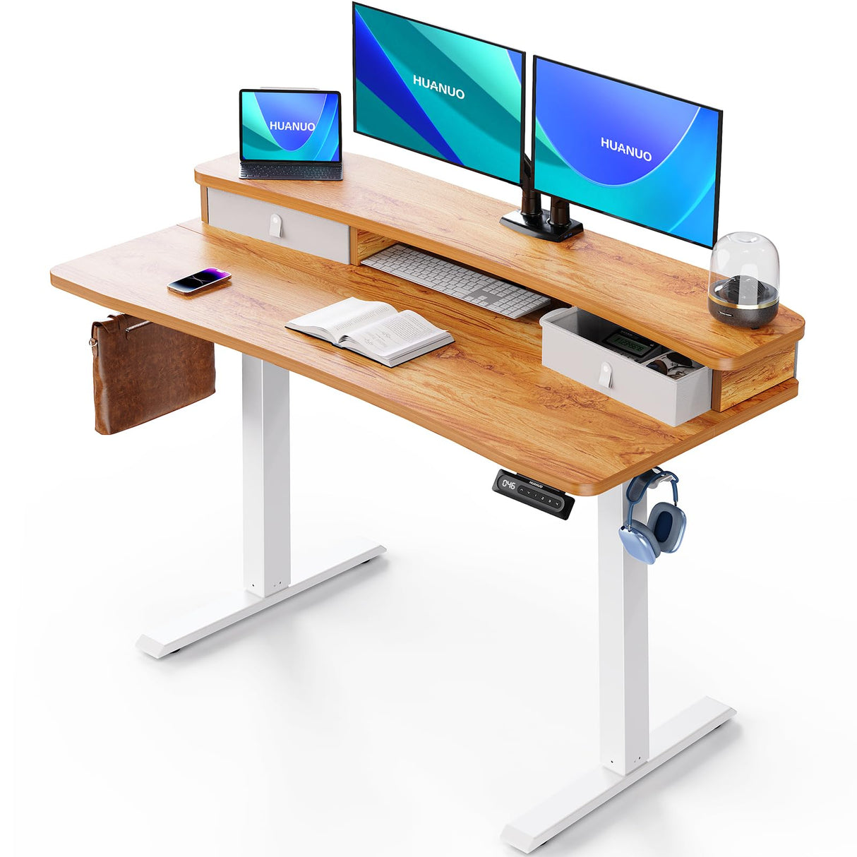 HUANUO 48″ x 24″ Electric Standing Desk with 2 Drawers, C-Clamp Mount Compatible, Height Adjustable Computer Desk, Home Office Stand Up Desk with 4 Preset Heights & 2 Hooks, Light Vintage HUANUO