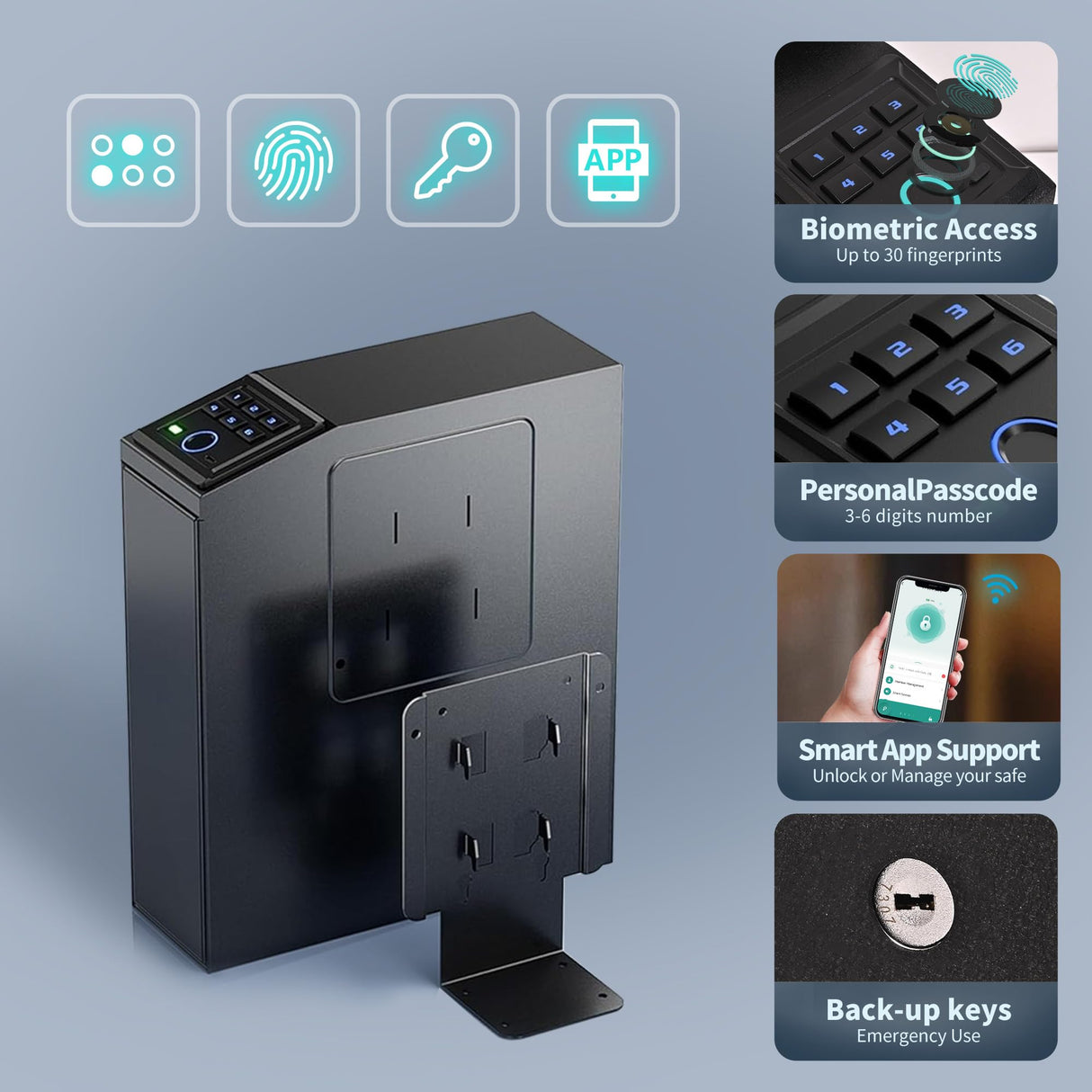 DwlSpce Gun safe, Biometric Gun Safe for Handgun, 4 Ways Quick Access with Fingerprint, PIN Code, Key, APP, Auto Sliding Mounted Bedside Pistol Safe for Car, Truck, Desk, Nightstand, Wall, Dresser DwlSpce