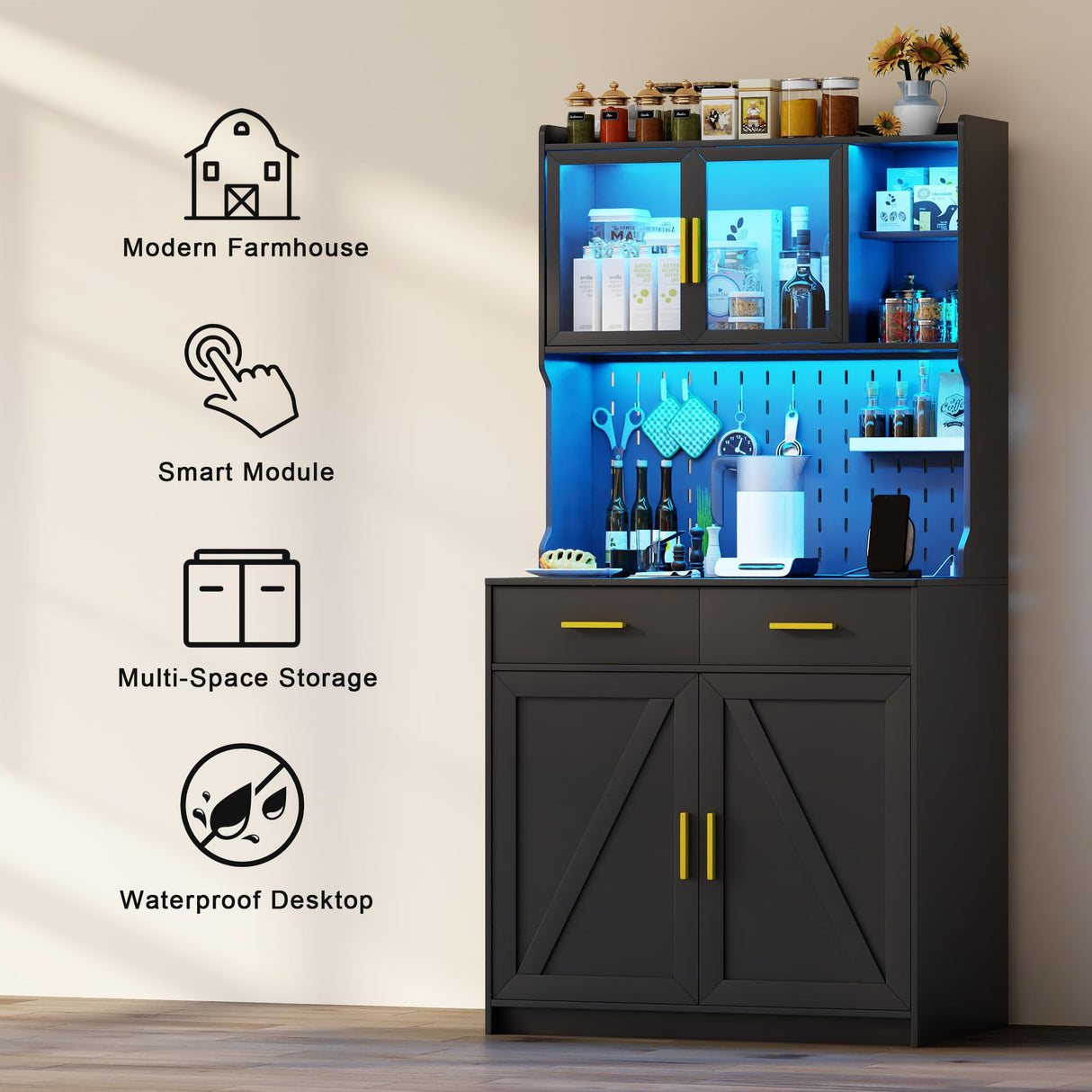 MDGC LED Kitchen Pantry Cabinet with Outlets, Farmhouse Storage Cabinet with Drawers & Adjustable Shelves, 64" Tall Cupboard with Pegboard & Hooks for Dining Room (Black) MDGC