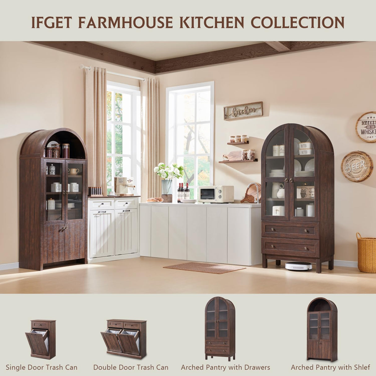 IFGET 71" Tall Arched Kitchen Pantry Cabinet, Wood Kitchens Storage Cabinets with 2 Large Drawers and Adjustable Shelves, Modern Farmhouse Versatile Cupboard for Kitchen, Dining Room, Bathroom, Brown IFGET