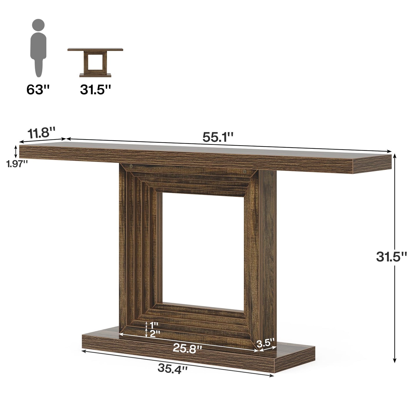 Tribesigns 55-Inch Console Table for Entryway, Farmhouse Hallway Foyer Table with Unique Square Cutout Base, Long Wood Console Table for Living Room, Entrance, Brown - WoodArtSupply