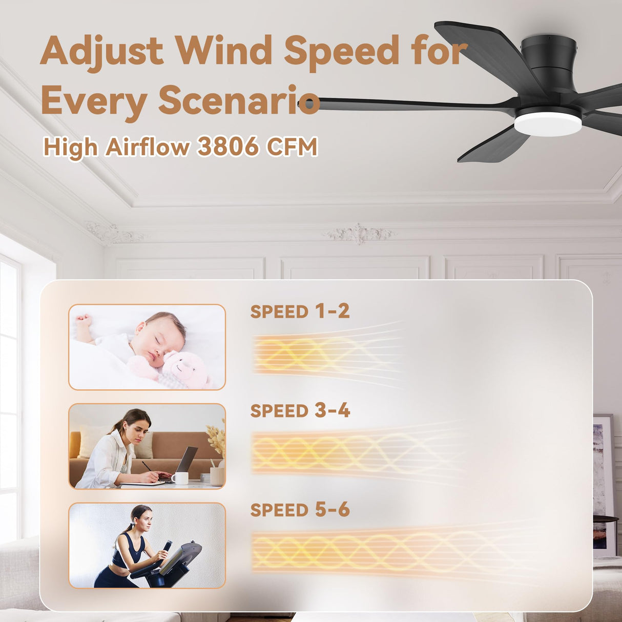 52"Wood Smart Flush Mount Ceiling Fans with Lights Remote,Control via WIFI Alexa Google App,6 Speed,Quiet DC Motor,Modern Black Outdoor Indoor Low Profile Ceiling Fan for Bedroom Patio Porch GentleBreeze