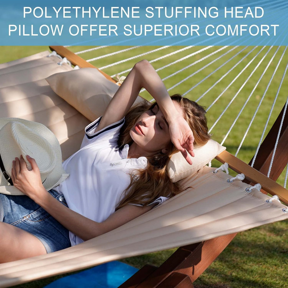 Lazy Daze Hammocks 12 FT Double Quilted Fabric Hammock with Spreader Bars and Detachable Pillow, 2 Person Hammock for Outdoor Patio Backyard Poolside, 450 LBS Weight Capacity, Natural Lazy Daze Hammocks