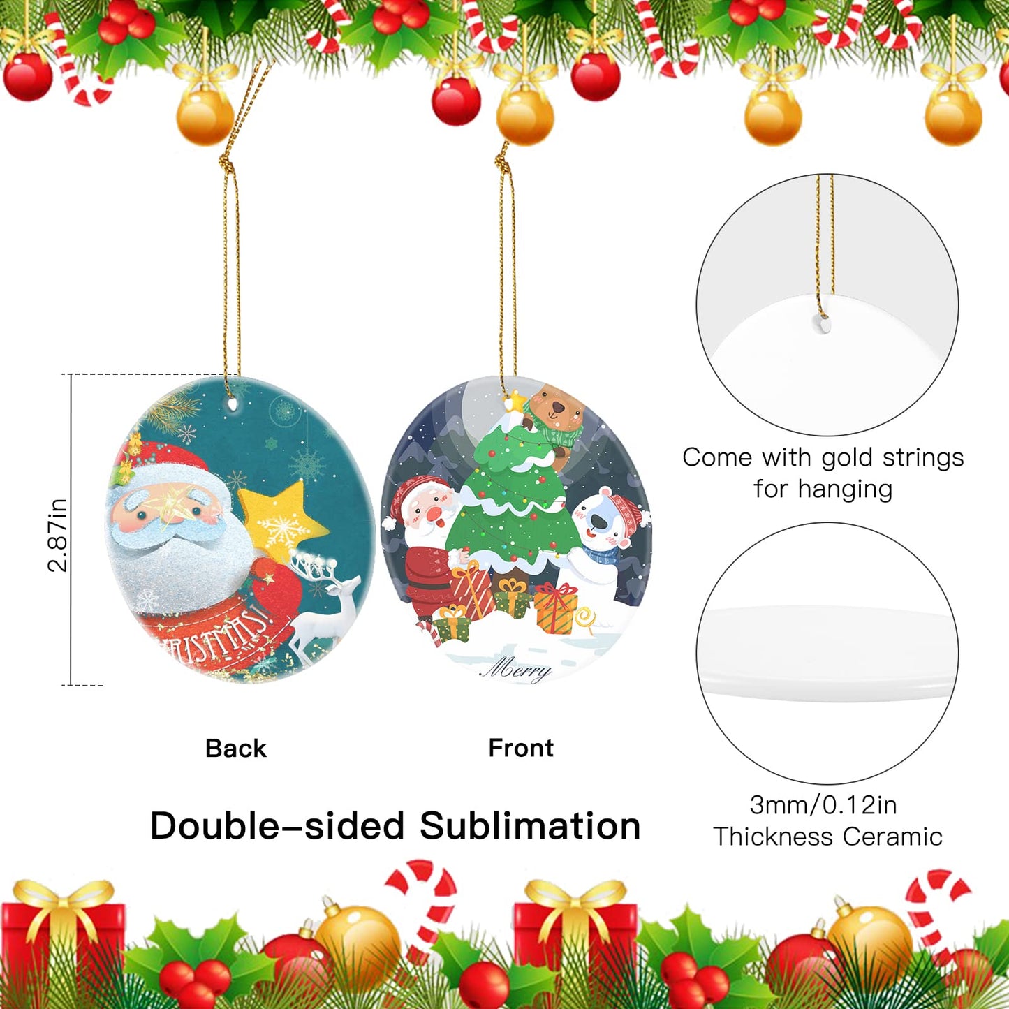 Sublimation Ceramic Ornaments Sublimation Ornament Blanks Bulk 2.83 Inch Round Blank Ornament Discs with Gold String for Crafting DIY Personalized Xmas Tree Ornament Keepsake Crafts Gift 10 Pieces