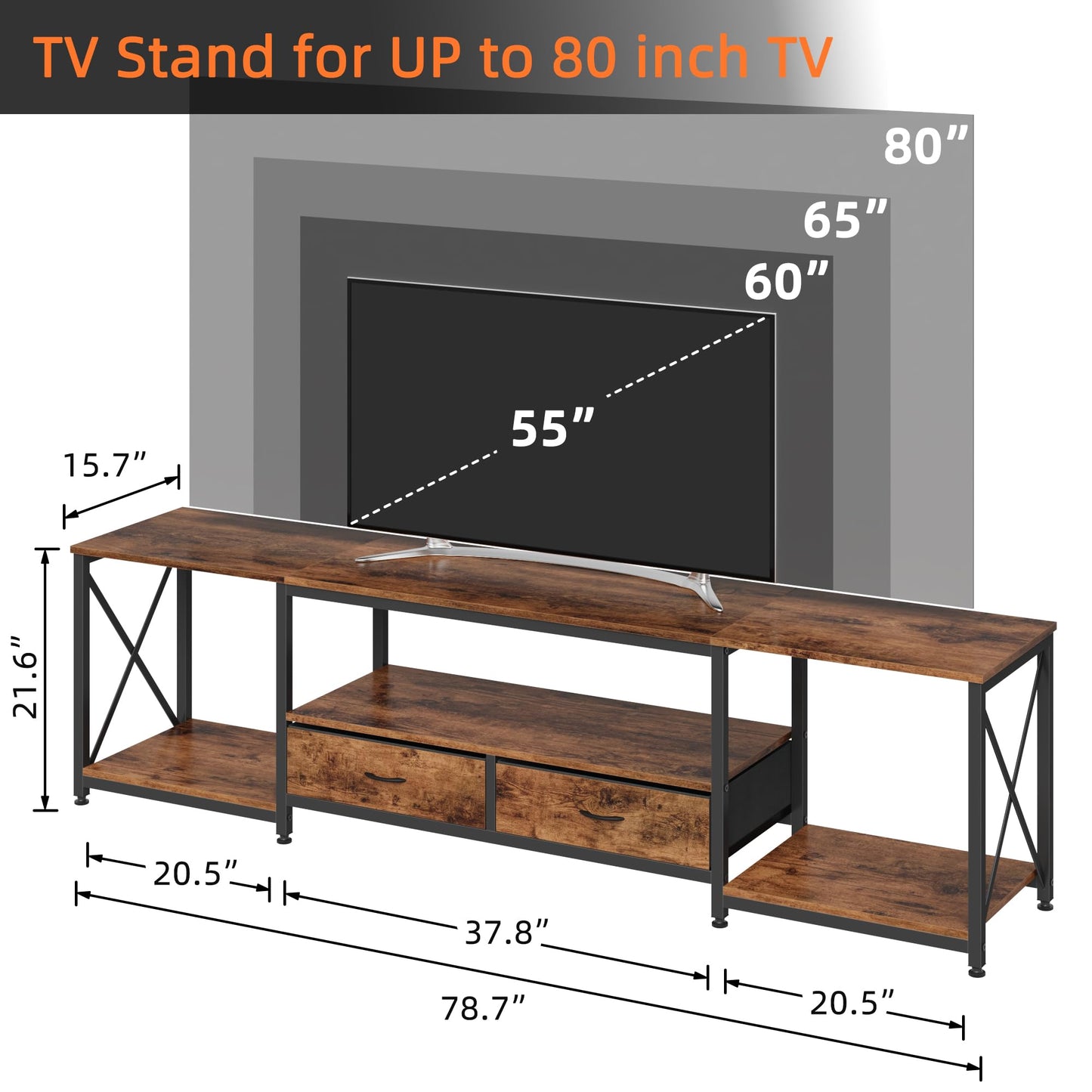 GYIIYUO TV Stand with Fabric Drawers for 80 85 Inches TV - Entertainment Center and Industrial TV Console Table with Open Storage Shelves for Living Room, Bedroom- 79.1" Rustic Brown