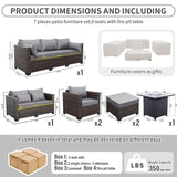 Valita 7 Pieces Patio Furniture Set,9-Seats Outdoor Wicker Sectional Sofa Brown Rattan Modular Patio Conversation Chair Set with 50000 BTU Fire Pit Table,Washable Cushions(Grey) Valita