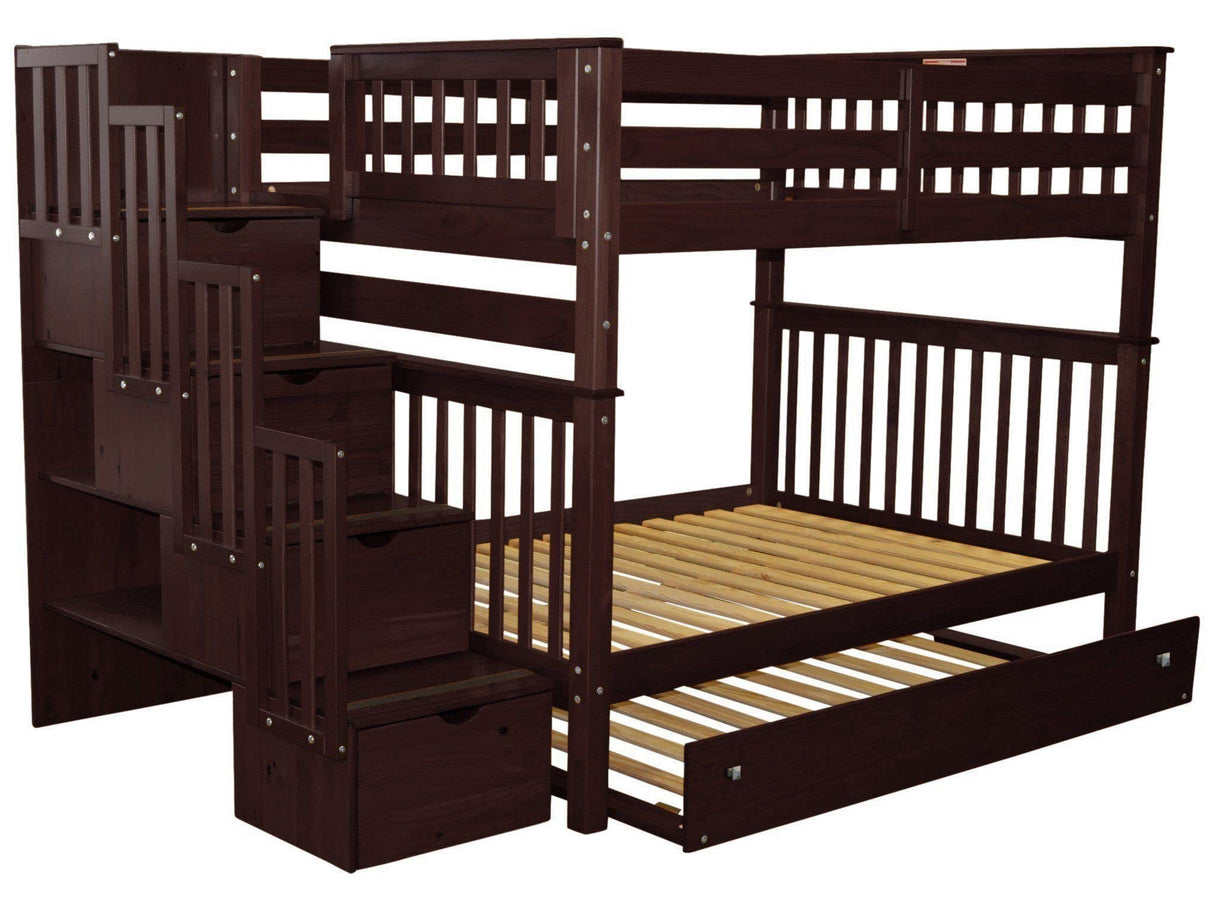 Bedz King Stairway Bunk Beds Full Over Full with 4 Drawers in The Steps and a Twin Trundle, Dark Cherry Bedz King