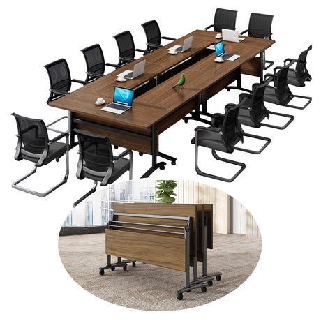 Folding Conference Table,Super Sturdy Large Rectangle Meeting Seminar Table for 12 Person,Mobile Conference Room Tables with Wheels,Modular Long Business Training Tables,Modern Office Seminar Tables VORDERRY