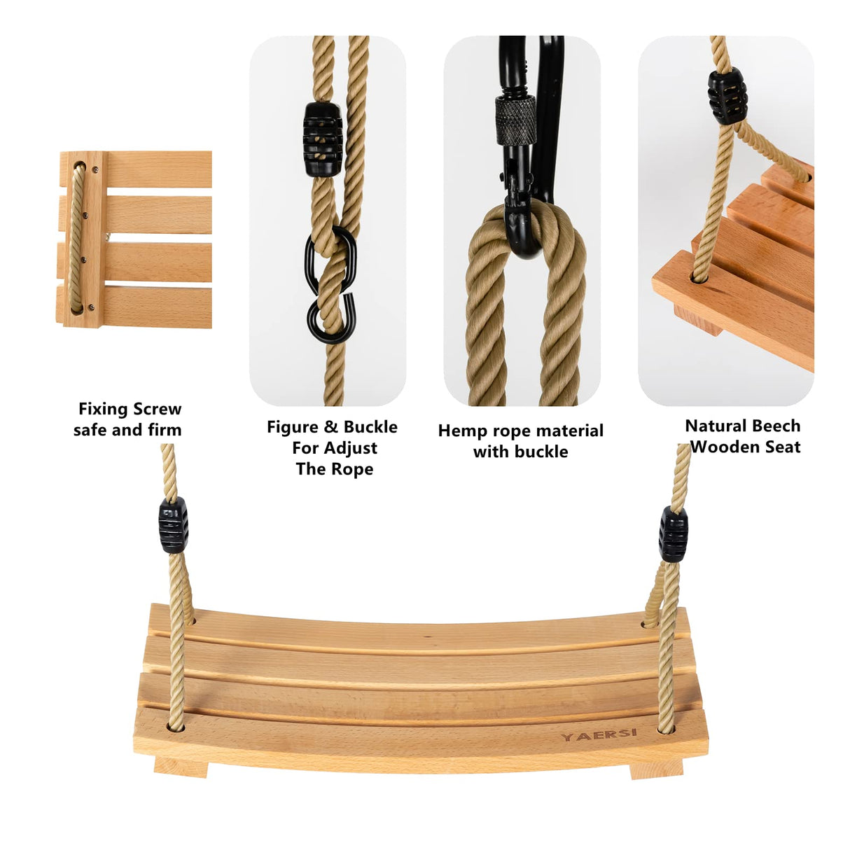 Wooden Tree Swings Tree Swing for Adults Children Kid's Wood Swing Seat with Adjustable Rope 220lbs Load Wooden Swing Set for Indoor Outdoor YAERSI