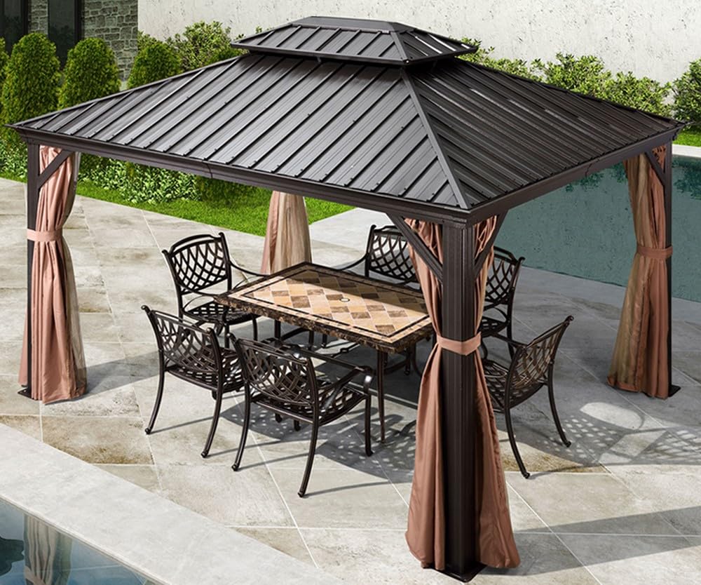 PURPLE LEAF Hardtop Gazebo 10' X 13' Outdoor Pavilion Metal Roof with Netting and Curtains Backyard Deck Garden Outside Permanent Heavy Duty Patio Aluminum Canopy PURPLE LEAF